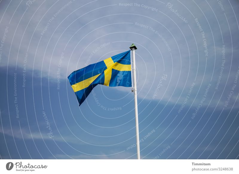 Schwedische Fahne Ferien & Urlaub & Reisen Tourismus Himmel Wolken Schönes Wetter Fahnenmast Holz Linie einfach blau gelb schwarz Gefühle wehen Schweden