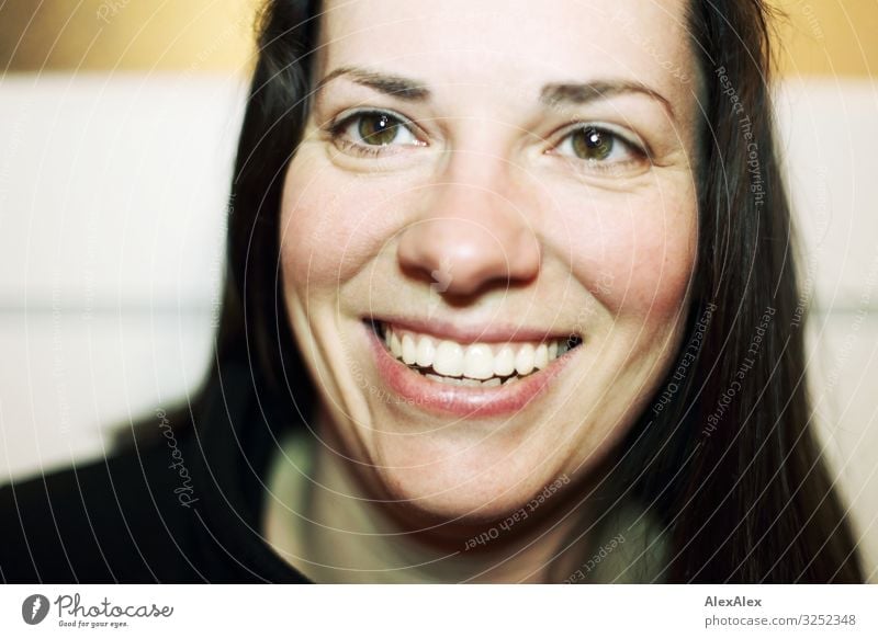 Portrait einer jungen Frau die lächelt Stil Freude schön Leben Junge Frau Jugendliche Erwachsene Gesicht 30-45 Jahre Pullover schwarzhaarig langhaarig Lächeln
