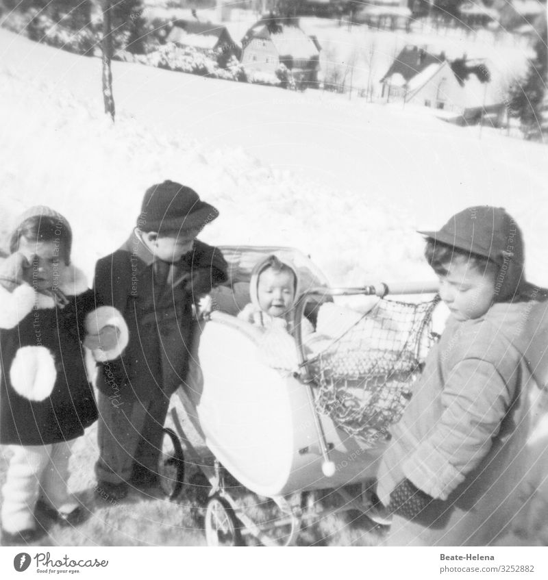 Winter-Quartett Gesundheit Spaziergang Ausflug Abenteuer Schnee Natur Landschaft Eis Frost Schwarzwald Dorf Verkehrsmittel Wege & Pfade Kinderwagen Mode Mantel