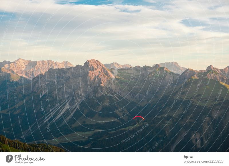 Flug klimaneutral Gleitschirmfliegen Alpen Berge u. Gebirge Fluggerät frei rot Freude Freiheit ruhig Farbfoto Außenaufnahme Abend Sonnenlicht