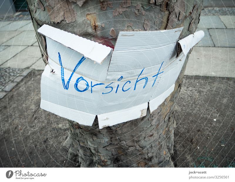 Vorsicht verloren Baumstamm Prenzlauer Berg Bürgersteig Karton Wort Schreibstift Buchstaben einfach weiß Sicherheit bescheiden Zukunftsangst Problemlösung