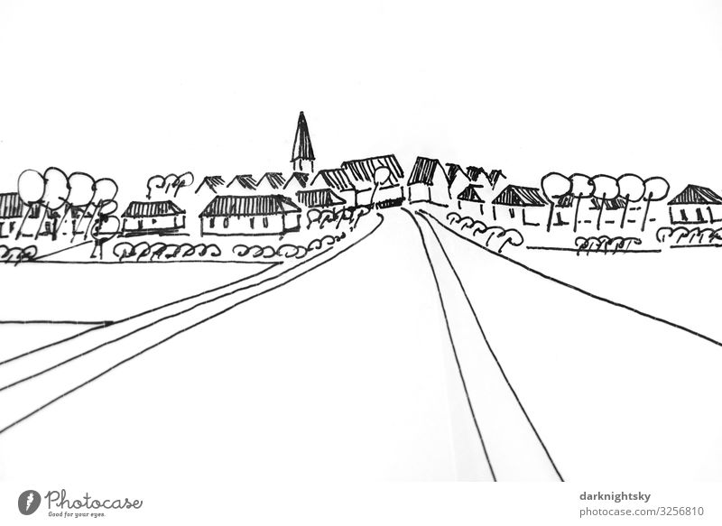 Skizze eines Dorfs mit Hauptstraße und Kirche Kunstwerk Entwurf Natur Landschaft Himmel Wolkenloser Himmel Horizont Baum Kleinstadt Skyline Menschenleer Haus