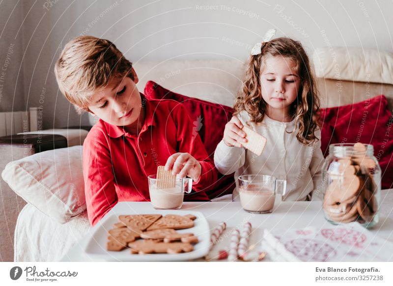 schönes Geschwisterpaar zu Hause bei einem leckeren Snack. Weihnachts-Konzept Plätzchen Süßwaren Hermano Schwester Weihnachten & Advent heimwärts blond