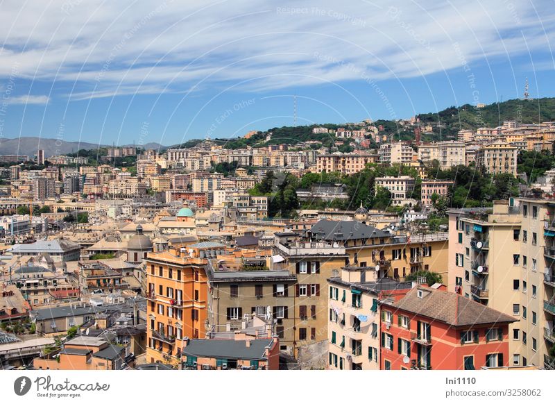 Genua Tourismus Städtereise Himmel Wolken Italien Hafenstadt Menschenleer Haus Hochhaus Gebäude Mauer Wand Fassade blau mehrfarbig grau grün rosa rot Dach