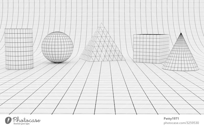 Wireframe geometric forms - 3D Render Wissenschaften Geometrie Würfel Kugel Pyramide Zylinder kegelförmig Drahtgitter Oberflächenstruktur eckig Design komplex