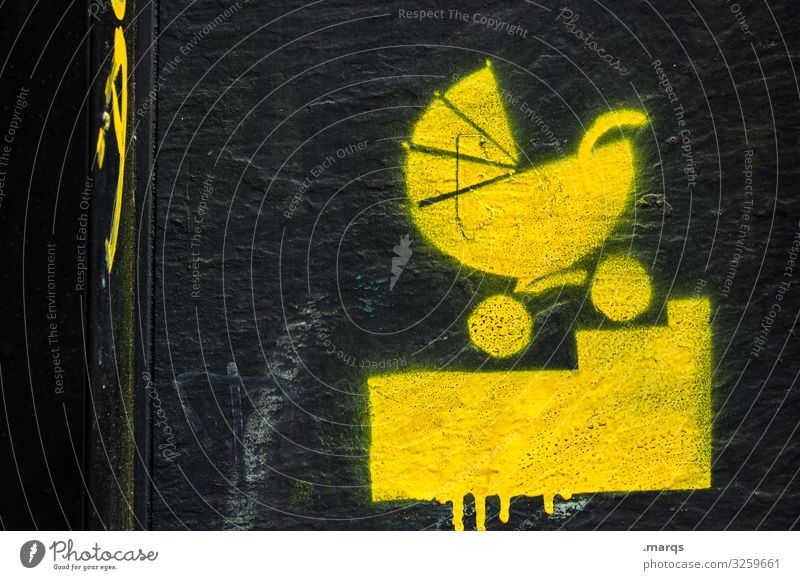 Kinderwagenchallenge Treppe Barriere Baby Zeichen Graffiti gelb schwarz Sicherheit Familie & Verwandtschaft neugeboren Geburt Farbfoto Außenaufnahme Nahaufnahme