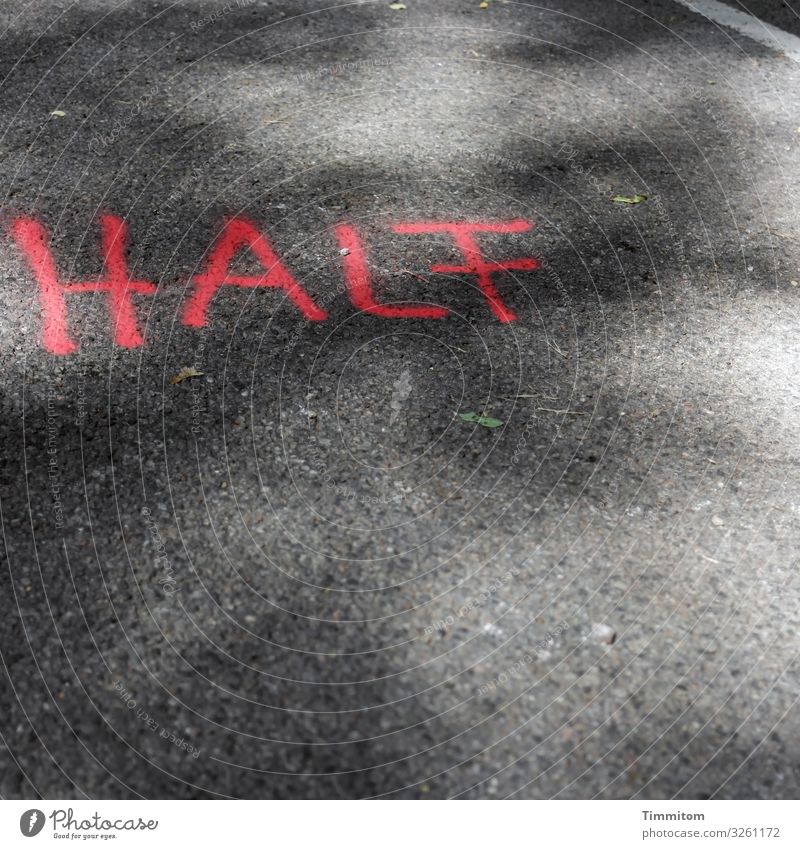 Geschriebenes | HALF Sport Straße Schriftzeichen grau rot schwarz Gefühle Beschriftung Orientierung Halbmarathon Streckenbeschriftung Asphalt Farbfoto
