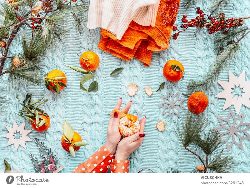 Female hands in orange polka dot blouse pell oranges Design Winter Häusliches Leben Weihnachten & Advent Mensch Frau Erwachsene Hand Pullover Tradition