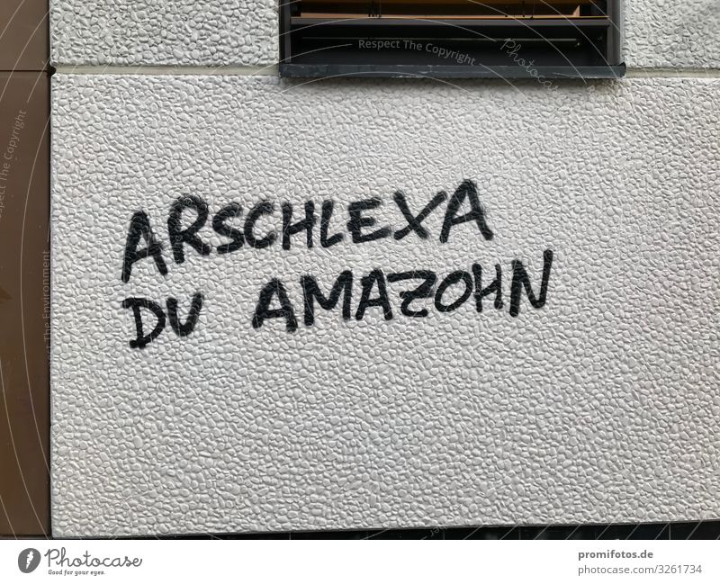 Graffit an Wand: Arschlexa du Amazohn Beton Zeichen Schriftzeichen Graffiti hören schreiben gruselig braun schwarz weiß Gefühle Sicherheit Schutz Liebe