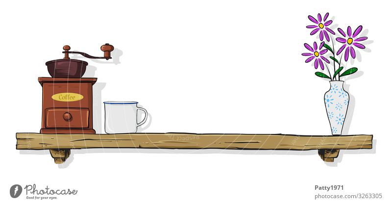 Küchenregal mit Kaffeemühle, Becher und Blumenvase Wohnung Regal Kaffeetasse genießen Kitsch Grafik u. Illustration Farbfoto Menschenleer Textfreiraum oben