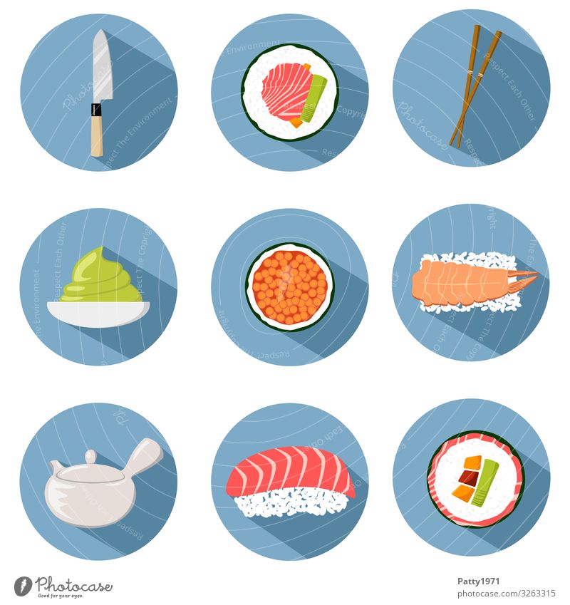 Sushi and asian cooking Flat Design Icons Lebensmittel Fleisch Fisch Meeresfrüchte Ernährung Fingerfood Asiatische Küche Lifestyle lecker rund Tourismus