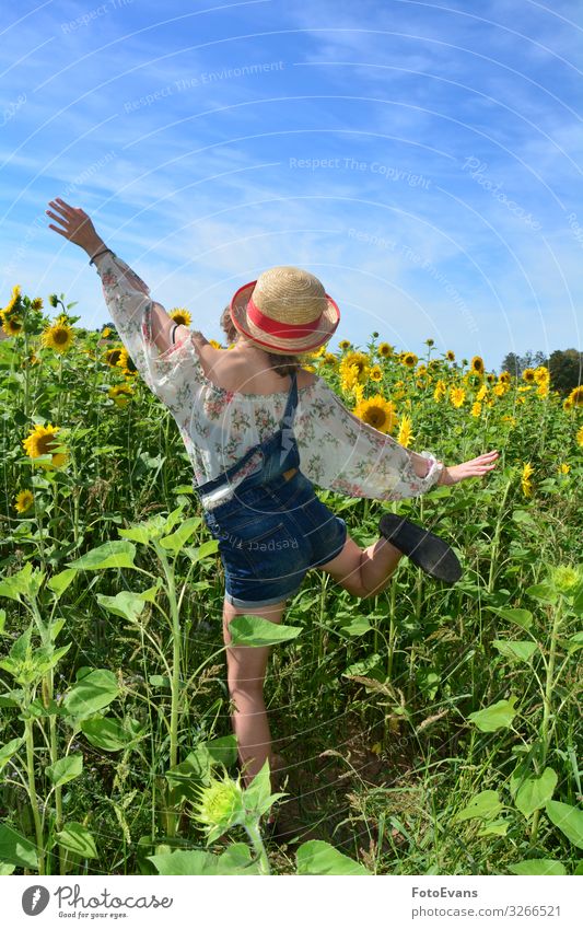 Mädchen von hinten, macht Luftsprung in einem Sonnenblumenfeld Freude Glück sportlich Ausflug Sommer Mensch feminin Junge Frau Jugendliche 1 13-18 Jahre Natur