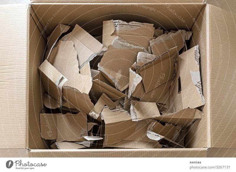 geöffneter Karton mit zerrissenen Kartonresten Papier braun Umweltverschmutzung Zerreißen Verpackungsmaterial wiederverwertbar Altpapier Kiste Müll Farbfoto
