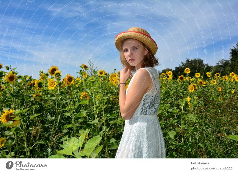 Junges Mädchen steht vor einem Sonnenblumenfeld Lifestyle Sommer feminin Junge Frau Jugendliche 1 Mensch 13-18 Jahre Natur Himmel Blume Kleid Hut beobachten