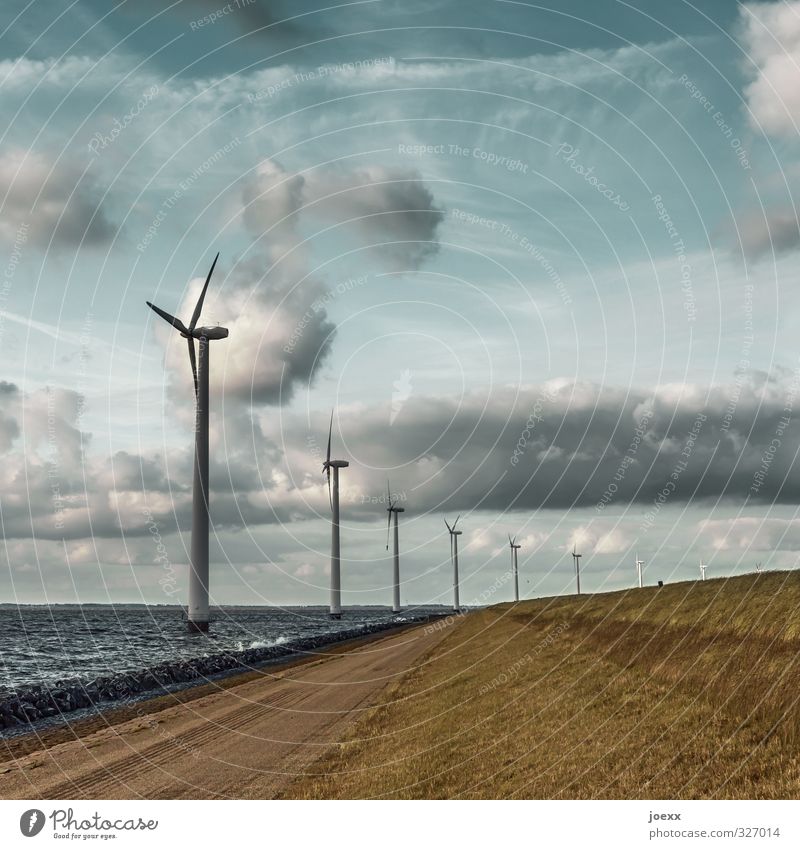 Windmaschinen Erneuerbare Energie Windkraftanlage Umwelt Landschaft Luft Wasser Himmel Wolken Horizont Schönes Wetter Wiese Hügel Wellen Küste blau braun grau