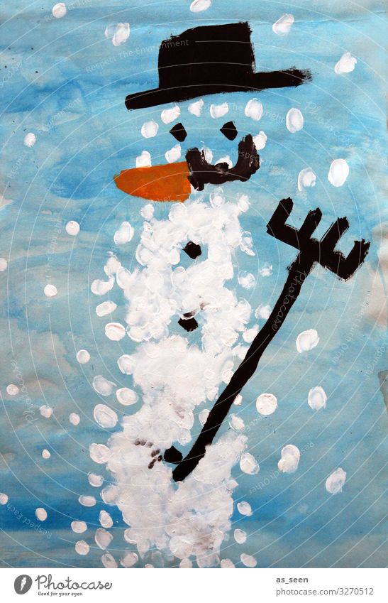 Schneemann Winter Weihnachten & Advent Kindererziehung Bildung Kindergarten Schule Kunst Gemälde Eis Frost Schneefall Hut Zeichen Lächeln stehen authentisch