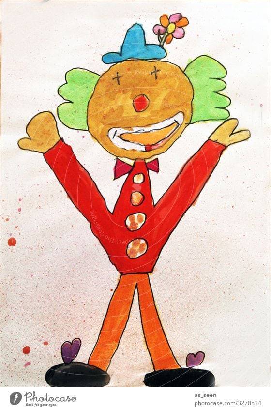 Clown Kindererziehung Bildung Kindergarten Kindheit 1 Mensch Kunst Kunstwerk Gemälde Lächeln Fröhlichkeit positiv blau mehrfarbig grün rot Gefühle Freude