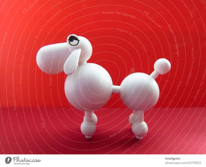 Pudel Kunststoff stehen schön Kitsch rot weiß Design Hund Spielzeug getrimmt Farbfoto Studioaufnahme Menschenleer Textfreiraum links Textfreiraum rechts