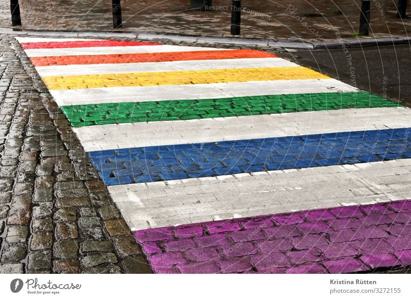 regenbogenüberweg Freiheit Homosexualität Verkehr Verkehrswege Fußgänger Straße Zebrastreifen Zeichen frei Stadt mehrfarbig Akzeptanz Liebe Solidarität Toleranz