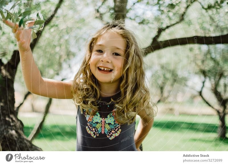Lächelndes Mädchen klettert an einem sonnigen Tag auf einen Baum Aufstieg Abenteuer Garten Spaß haben Kindheit aufgeregt Natur Sommer Feiertag Park aktiv Sport