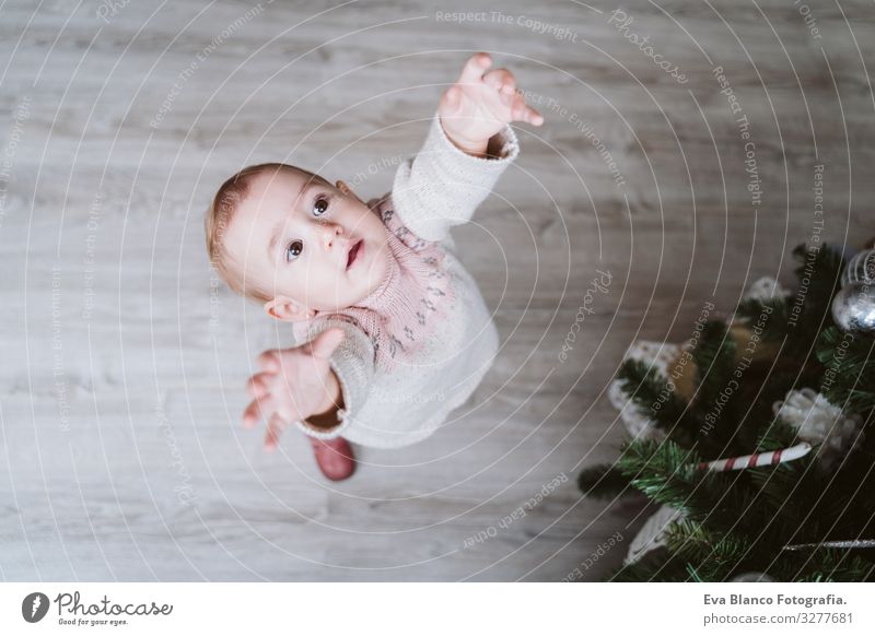 süßes Mädchen schmückt den Weihnachtsbaum niedlich Baby ein Jahr dekorierend Weihnachten & Advent Baum Freude Familie & Verwandtschaft Liebe