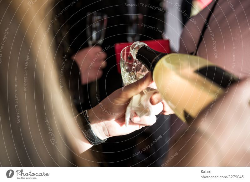 Frau gießt Champagner in ein Glas Sekt Zuprosten eingießen Wein Alkohol trinken Hochzeit Ehepaar Restaurant Party Menschen Feier Abendessen Hand Bar stoppen