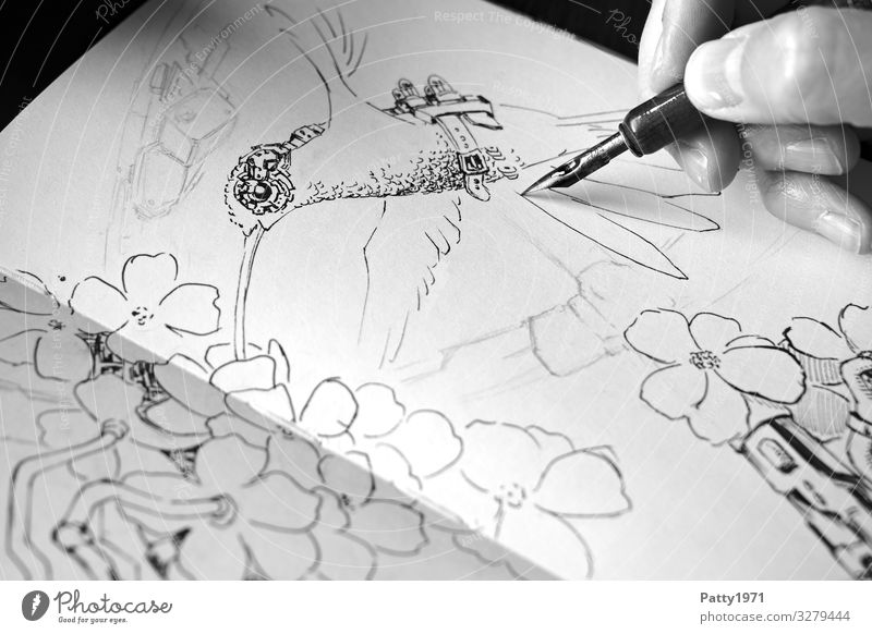 Cyborg Kolibri Technik & Technologie High-Tech Science Fiction Hand 1 Mensch Kunst Kunstwerk Zeichnung Entwurf Tuschezeichnung Sketchbook Tier Vogel Kolibris