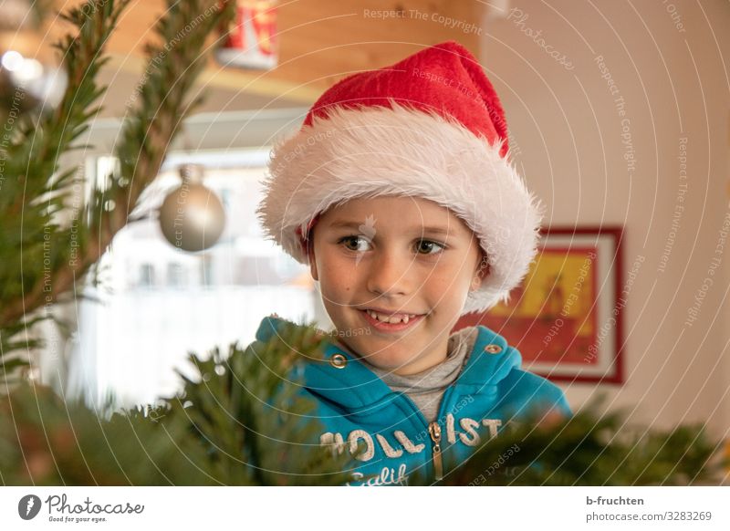 Weihnachtsfreude Feste & Feiern Weihnachten & Advent Silvester u. Neujahr Kind Junge Gesicht 1 Mensch Baum Pullover Jacke Mütze Zeichen glänzend Lächeln lachen