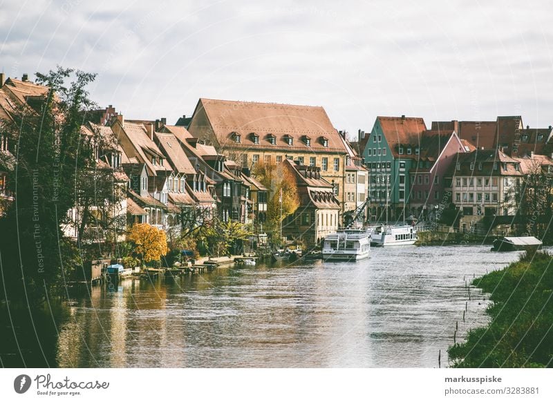 Bamberg Blick von Markusbrücke Lifestyle Ferien & Urlaub & Reisen Tourismus Ausflug Sightseeing Städtereise Landschaft Klima Pflanze Flussufer Regnitz