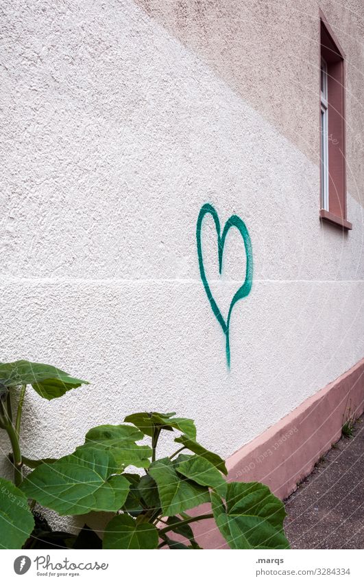 Herz an Hauswand Symbole & Metaphern Graffiti Fenster Blätter Pflanze Liebe Liebesbekundung Stadt Valentinstag