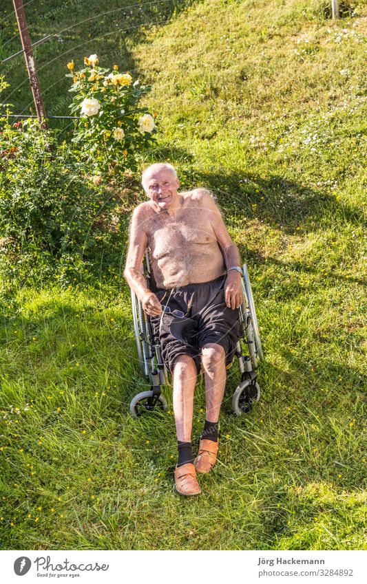 der ältere Mann entspannt sich im Rollstuhl Freude Glück Erholung Sommer Garten Erwachsene Wärme Gefühle achtzig Brille neunzig in den Ruhestand getreten Senior