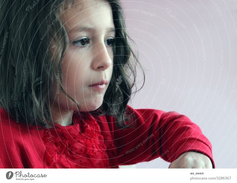 . Kindererziehung Kindergarten lernen Mädchen Kindheit 1 Mensch 3-8 Jahre Pullover brünett Locken Denken Blick Spielen authentisch schön rot schwarz geduldig