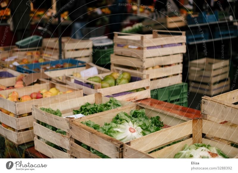 obst- und Gemüsekisten an einem Gemüsestand auf dem Wochenmarkt. Regional einkaufen. Lebensmittel Bioprodukte frisch Markt Marktstand regional Holzkiste Frucht