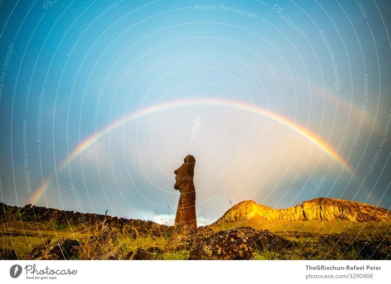 MOAI - Osterinsel - Regenbogen Natur Landschaft blau braun mehrfarbig 2fach Moai Osterinseln Stimmung perfekt Statue Skulptur Berge u. Gebirge Blauer Himmel