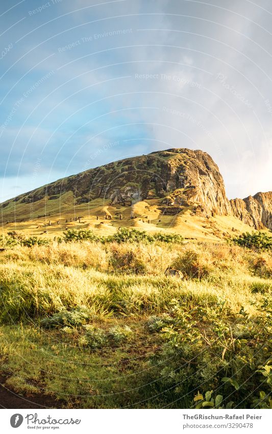 MOAI - Steinbruch Umwelt Natur blau gelb gold grün Moai Vulkan Gras Wolken Stimmung Sonnenaufgang Sträucher Osterinseln Chile Farbfoto Außenaufnahme