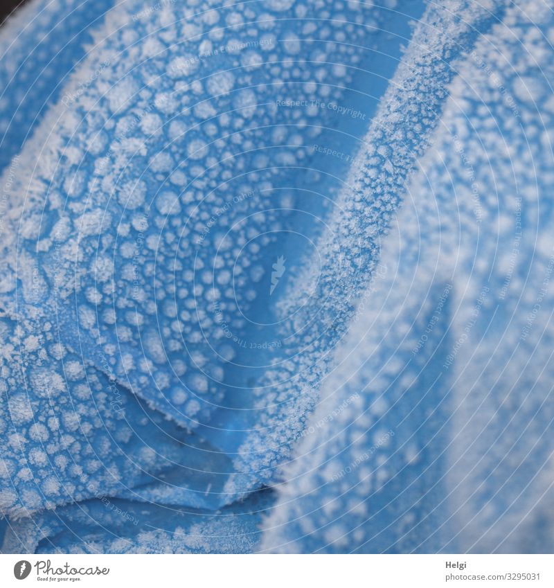 Eiszeit | blaue Plastikplane mit Falten ist mit Raureif bedeckt Umwelt Winter Frost Folie Abdeckung Kunststoff festhalten frieren hängen authentisch