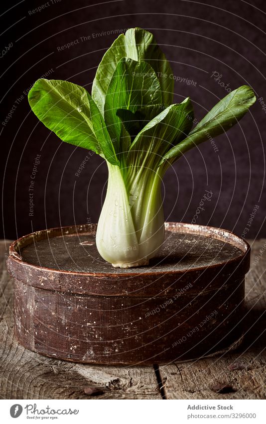 Frischer Bok Choy auf schäbigem Boc Bok Choi Gemüse frisch reif Kasten Tisch Lebensmittel grün Bestandteil Gesundheit roh Blatt Vegetarier Veganer Vitamin