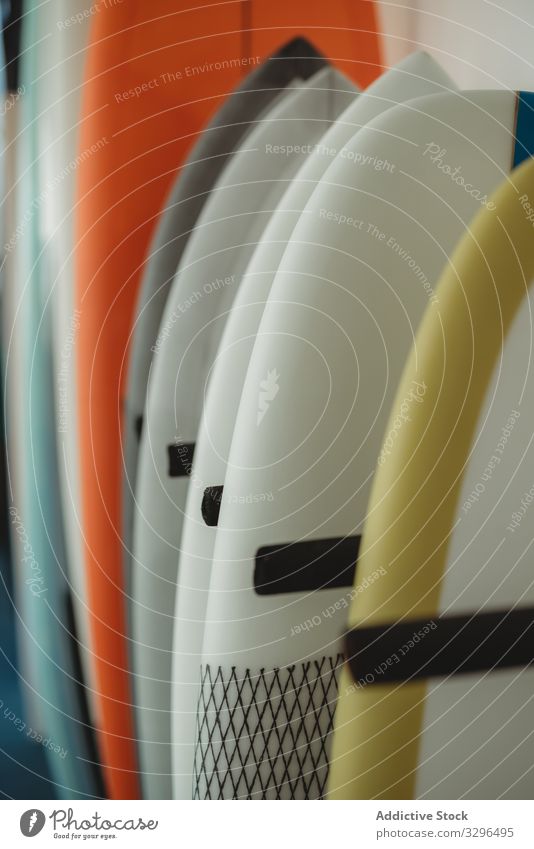 Reihe von Surfbrettern entlang der Wand Holzplatte Brandung Paddel Werkstatt verschiedene Sortiment Einzelhandel farbenfroh Kulisse Gerät Probe Model Linie