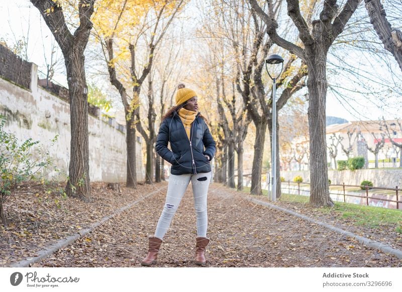 Stilvolle schwarze Frau mit Hut und Jacke in einer Gasse im Park Blätter Straße Herbst Natur stylisch Afroamerikaner natürlich Freiheit Energie gelb Inspiration