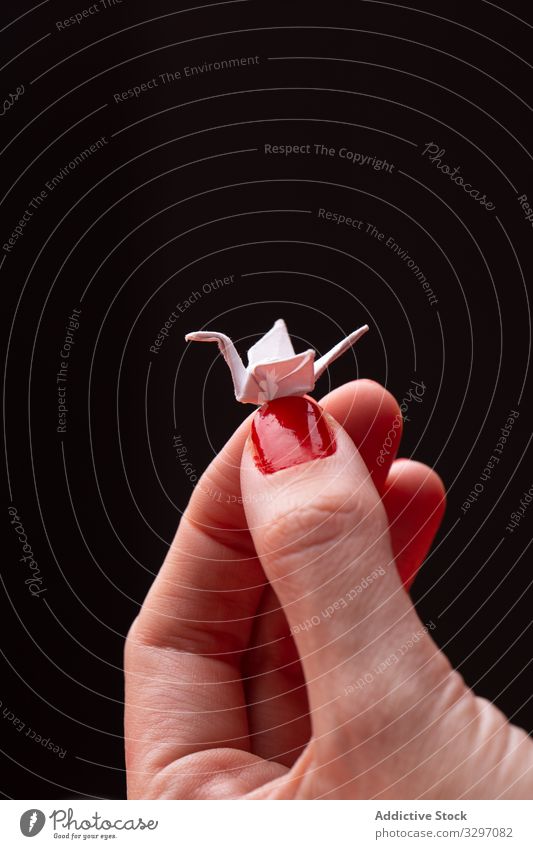 Gärtnerin beim Origami-Kranich Frau Papier Konzept winzig Pferch Maniküre Vogel Symbol Handwerk kreativ Hobby Inspiration handgefertigt Zeitvertreib Fähigkeit