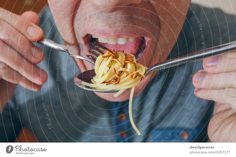 Mann isst Spaghetti mit Würmern Ernährung Essen Mittagessen Abendessen Diät Gabel Löffel Lifestyle exotisch Mensch Erwachsene Wurm authentisch Ekel lecker