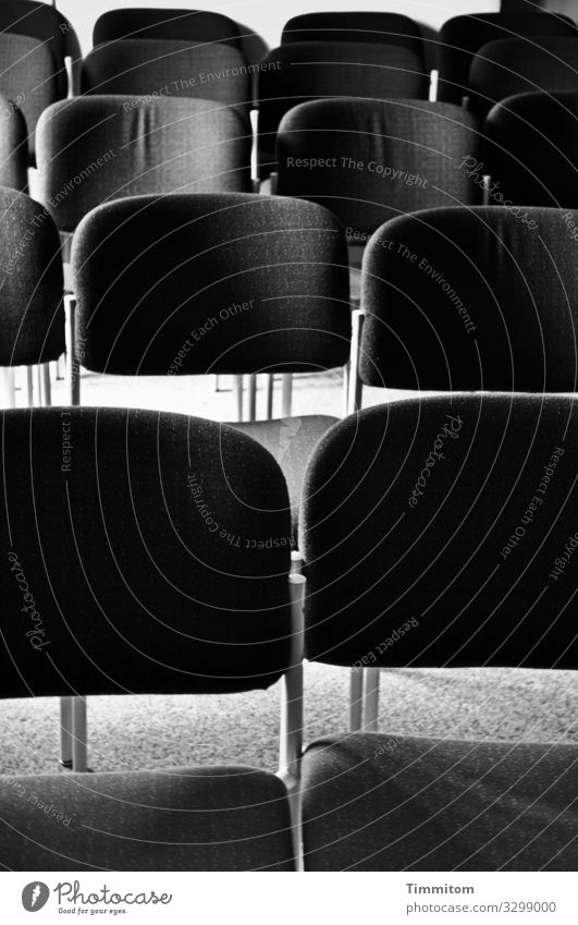 Stuhlreihen warten einfach grau schwarz weiß Gefühle Erwartung Saal Bestuhlung Teppich Veranstaltung Schwarzweißfoto Innenaufnahme Menschenleer Tag Licht