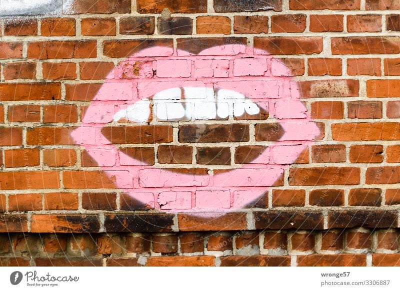 Rote Lippen, weiße Zähne | Graffito auf einer Ziegelsteinmauer Mauer Mund Außenaufnahme Farbfoto Menschenleer Tag