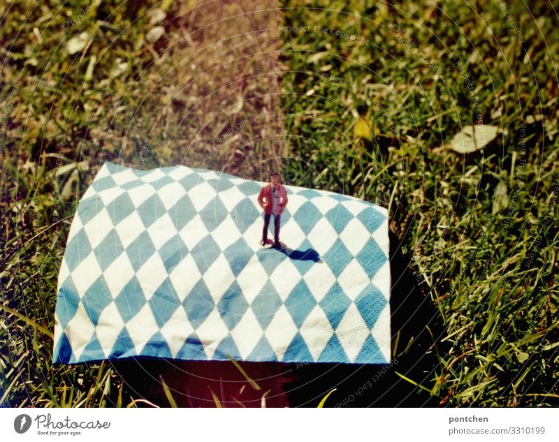 Männliche Figur im Anzug steht auf Serviette  mit bayerischem Rautenmuster im Gras Mensch maskulin 1 stehen Kitsch Bayern Fahne raute Wiese analog Sommer Sonne