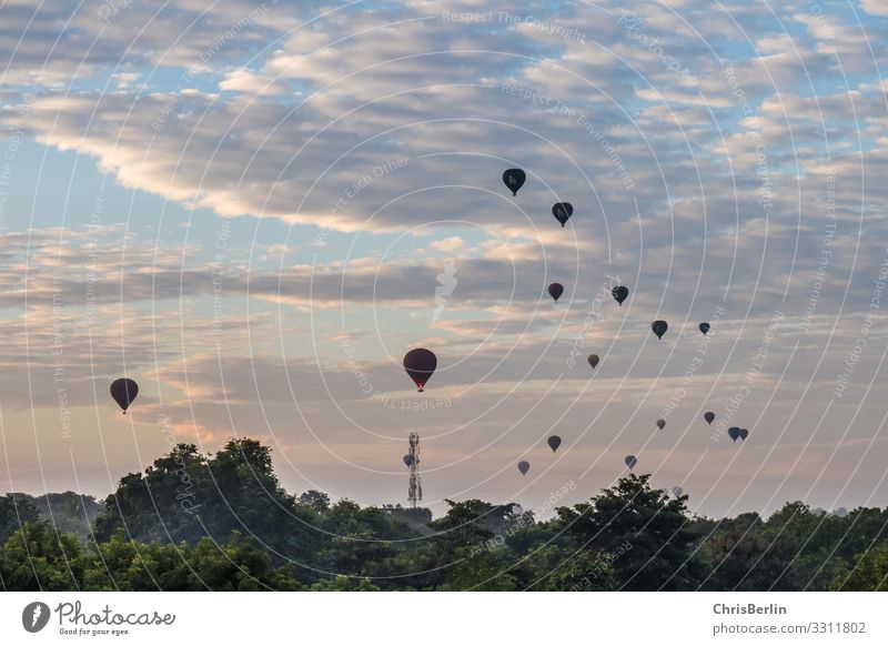 Ballons am Morgen Abenteuer Ferne Freiheit Ballonfahrt Landschaft Himmel Wolken Klima Schönes Wetter Ballone ästhetisch Zufriedenheit elegant erleben Horizont