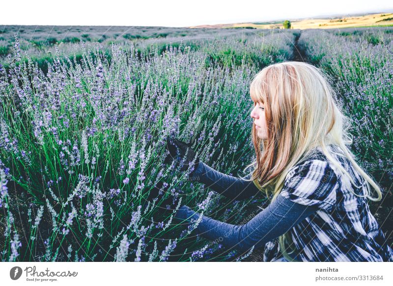 Junge blonde Frau allein in einem Lavendelfeld jung Natur Leben Garten Gartenarbeit Parfüm Frühling Blumen Feld lieblich Freiheit offen wirklich echte Frau
