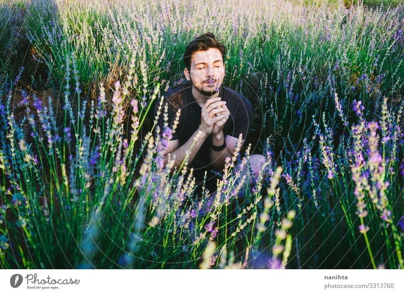 Junger Mann in einem Blumenfeld Maskulinität neu Geschlecht gutaussehend Frühling Schatten Licht Sonne sonnig Lavendel männlich jung Vollbart bärtig lässig