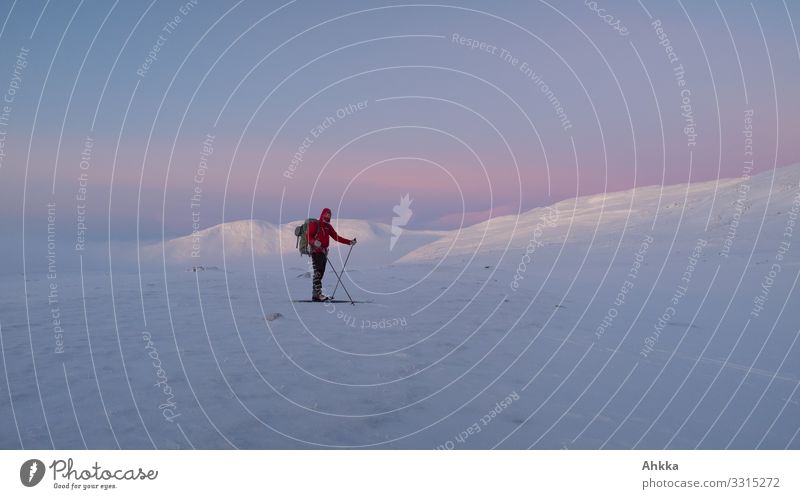 Skifahrer mit überkreuzten Stöcken steht vor blau-rosa gefärbter abendlicher Berglandschaft mit weiß leuchtenden Gipfeln Ferien & Urlaub & Reisen Abenteuer