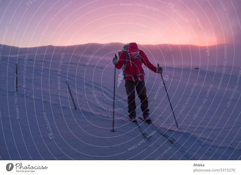 Überquerung eines Zaunes durch einen Skifahrer mit roter Jacke, gesenktem Blick und vereister Kapuze in einer verschneiten Berglandschaft im Gegenlicht leuchtet ein roter Abendhimmel