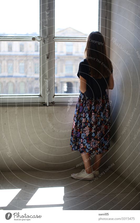 kreative Kraft der Melancholie Stil feminin Frau Erwachsene 1 Mensch 18-30 Jahre Jugendliche Hauptstadt Architektur Fenster Sehenswürdigkeit Louvre Rock